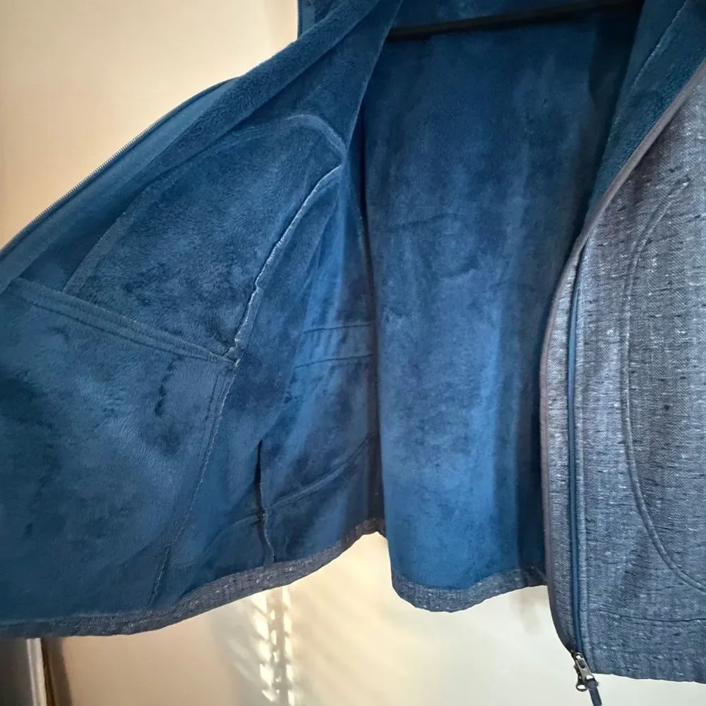 Free Country Coat Soft Shell Denim Look Size Large Blue Faux Fur Detachable Hood